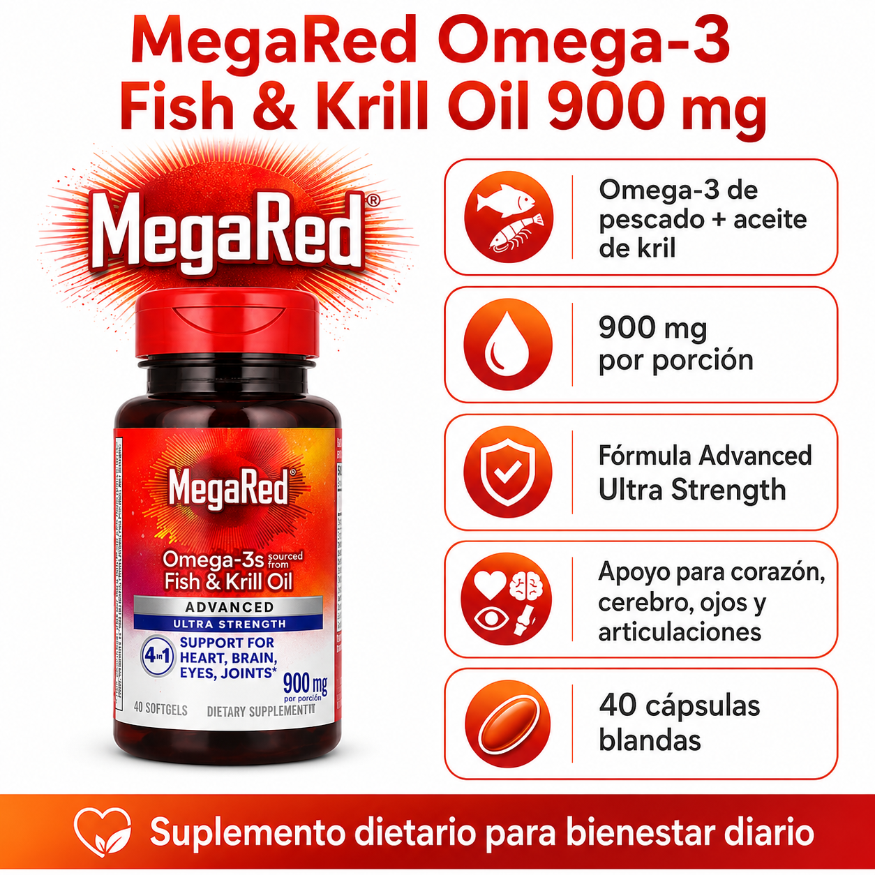 MegaRed Omega-3 Fish & Krill Oil 900 mg, 40 cápsulas blandas