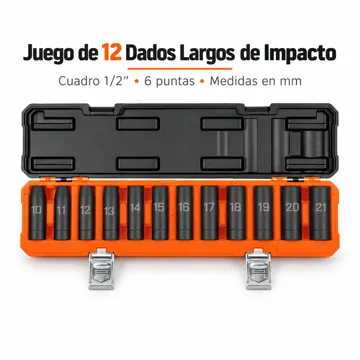 Juego de 12 Dados Largos de Impacto, Cuadro 1/2″, 10 a 21 mm — imagen 1